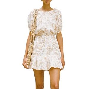 SABO LUXE Camari Linen Dress Smocked Patterned Ruffle Hem White Beige Women's S